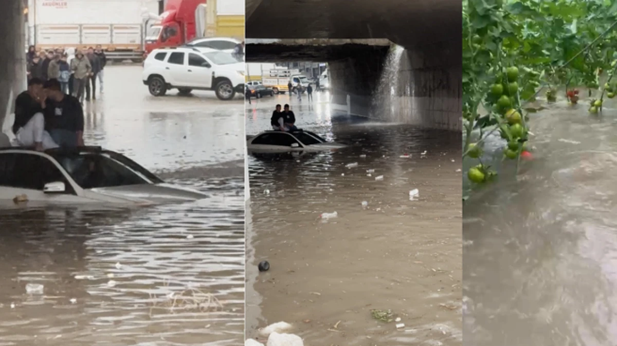 Antalya Demre'de araç suya gömüldü, seraları su bastı 