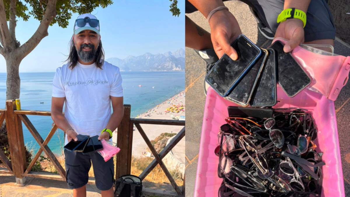 Antalya&rsquo;da denize d&uuml;ş&uuml;r&uuml;len telefon ve g&ouml;zl&uuml;kleri bulup, sahiplerine ulaştırıyor 
