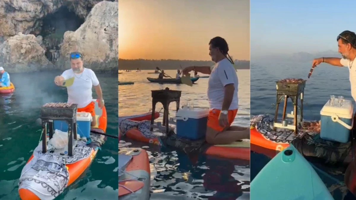 Antalya’da denizin ortasında SUP üzerinde mangal yakıp ciğer pişirdi 